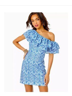 Lilly Pulitzer Sundea One-Shoulder Dress Sz 6 Ruffle Blue Tang Hey Soleil Eyelet